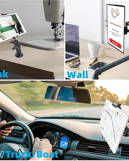 All-Aluminum Car Tablet Holder with Heavy Duty Drill Base, Compatible with iPad Pro Mini 4.7"-15" Samsung Galaxy Tab Tablets, Car Tablet Mount for Truck,Business ,Boat,Dashboard,Desk,Wall Mounting