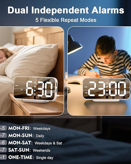 ALANAS Digital Alarm Clock for Bedrooms, Dual Alarms with Snooze, Big LED Mirror Display, 4-Level Dimmer & 2 USB Ports, Plug in Clocks, Aesthetic Modern Desk Clock for Home Office, Gift