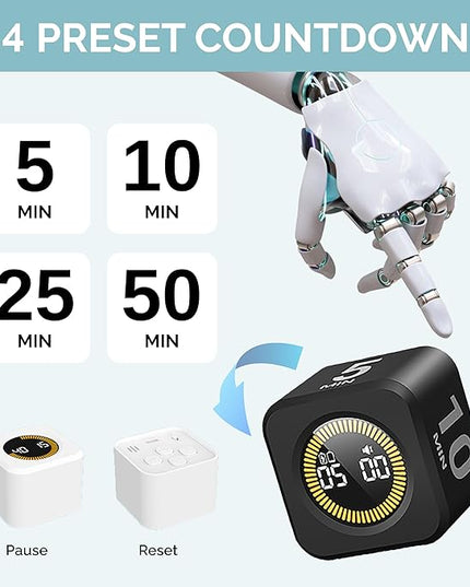 KADAMS Pomodoro Cube Timer Productivity Visual Timer - 5/10/25/50 Min Rotating Countdown, Customize Countup Silent Mode- for Work Study Cook Workout Kitchen Back to School Classroom(Black)