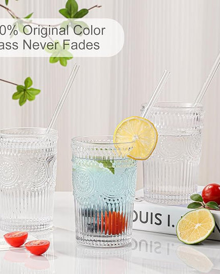 Vintage Glassware Drinking Glasses Set of 6,13 oz Clear Textured Flower Design Glass Water Tumblers，Embossed Striped Drinkware for Water,Cocktails,Juice,Iced Coffee