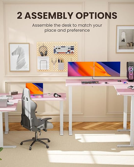 ErGear L Shaped Standing Desk, 63"x55" Electric Adjustable Height Sit Stand Desk, Ergonomic Large Computer Table, Left & Right Interchangeable Installation, Suitable for Home Office Use, Pink