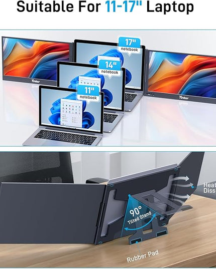 Yinker Laptop Screen Extender, 15.6" Triple Portable Monitor, Ultra-Slim 1080P FHD IPS, 360° Rotation, USB-C Plug&Play Single, Compatible with Mac/Windows/Android/PS4 for 11-17" Laptops