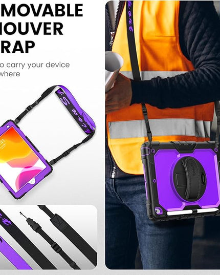 Timecity Case for iPad 9th/ 8th/ 7th Generation 10.2 inch - Heavy Duty Protective Cover with Screen Protector, Rotating Stand, Shoulder Strap & Pencil Holder | Kids-Friendly (Purple)