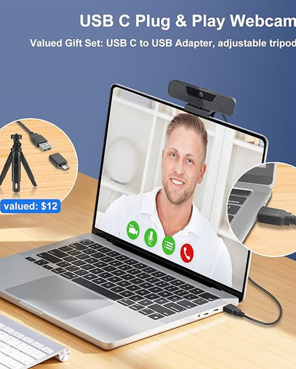 4K Auto Focus Webcam for PC, 4 AI Noise-Canceling Mics UHD Web cam, Auto Light Correction, 85°FOV Computer Web Camera, USB C Plug&Play Webcam with Tripod & Privacy Cover Works w/Zoom/Skype/Google