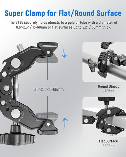 NEEWER Super Clamp with 3" Dual Ballhead Magic Arm, Ball Head Adapter, Cold Shoe, Phone Holder, Action Camera Clamp Mount for Flat/Round Surface Compatible with GoPro DJI iPhone 15 Pro Max, ST85