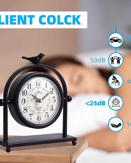 MODE HOME Silent Battery Operated Black Metal Analog Desk Clock with Bird, Small Table Clock for Farmhouse Decor, Mantel Shelf, Home and Living Room