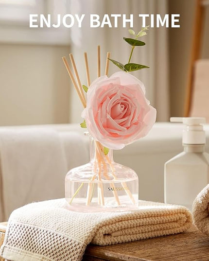 Reed Diffusers Set Rose Scent, Reed Diffuser for 120 Days, Diffusers for Home Pink Bottle,Bathroom Diffuser with 7 Sticks, Home Decor, Shelf Decor