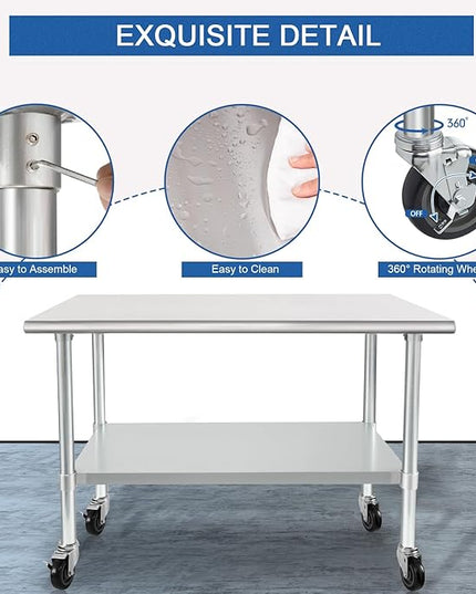 HARDURA Stainless Steel Table with Wheels 30 x 36 Inches Casters NSF Heavy Duty Commercial Prep Table with Undershelf and Galvanized Legs for Food Prep