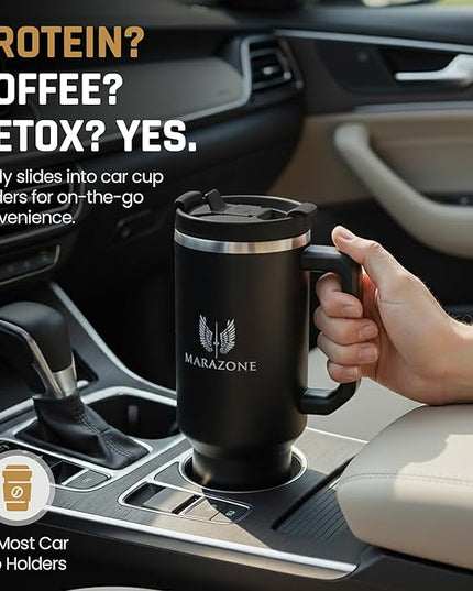 40 oz Insulated Tumbler with Handle and Straw – Stainless Steel Double Wall Vacuum Cup Fits Car Cup Holder, Hot Cold Travel Mug, BPA Free Reusable Water Bottle for Men Women - Midnight Black