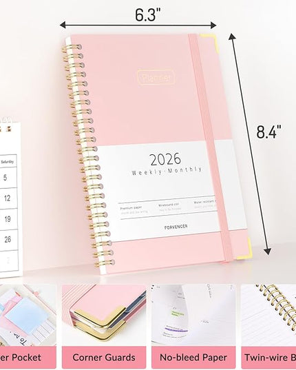Forvencer 2026 Planner, Hardcover Calendar Planner Weekly and Monthly, Jan 2026 - Dec 2026, 6" x 8", Spiral Agenda Book with Tabs, Exquisite Daily Journal Organizer for Home School, Pink