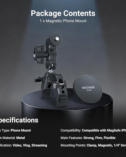 NEEWER Magnetic Phone Mount with Super Clamp, Adjustable Metal Holder with 1/4" Screw & Ball Heads Magic Arm Compatible with MagSafe iPhone for Pole, Tripod, Mic Stand, Desk, Gym Equipment, PA150