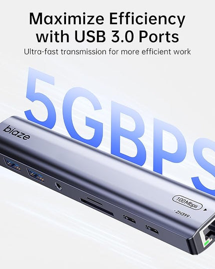 BIAZE 9-in-1 USB/USB C Hub Adapter for MacBook, iPhone,3 USB Ports (2xUSB 3.0, USB 2.0), 100M Ethernet, SD/TF Card Reader, 3.5mm Audio, 2X USB-C Data Ports,No Driver Required