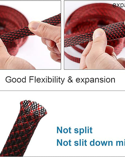 100ft - 1/4 inch PET Expandable Braided Sleeving – BlackRed – Alex Tech Braided Cable Sleeve