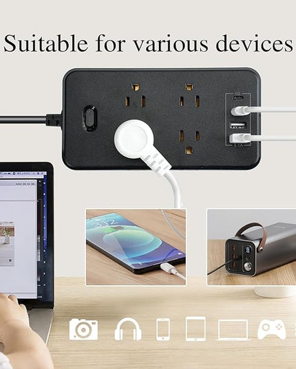 10FT Power Strip Extension Cord Surge Protector with 8 Outlets and 2 USB & 2 USB-C Port(5V 3.1A),Bold Extension Cord with Fuse Surge Protected Power Strip for Home Office (Black)