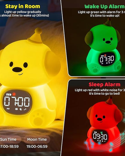 Dog Alarm Clock with Night Light for Kids with Sleep Training and Sound Machine, Rechargeable Silicone Lamp OK to Wake Clock，Cute Animal Tabletop Lamp, Perfect Sleep Companion for Boys Girls