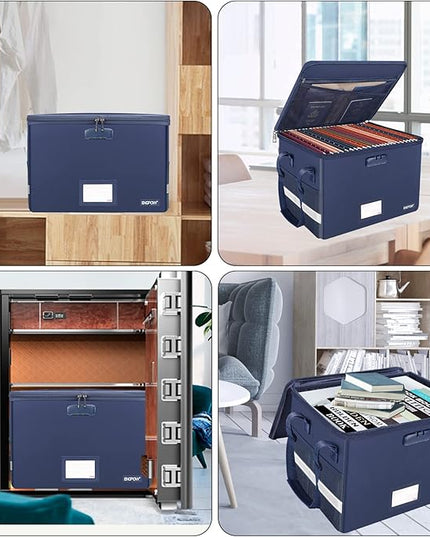 ENGPOW File Box with Lock, Fireproof Document Box with Zipper＆Pockets, Collapsible File Organizer Filing Storage Cabinet with Handle, Portable Home Office Safe for Hanging Letter/Legal Folder, Blue