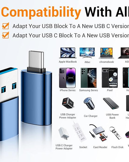 Temdan USB to USB C Adapter,Car Charger OTG Converter Compatible with MacBook Pro Air 2024,Samsung Notebook and More Type C,for iPhone 17 16 15 Air Plus Pro Max,OTG Adapters - Blue/Black