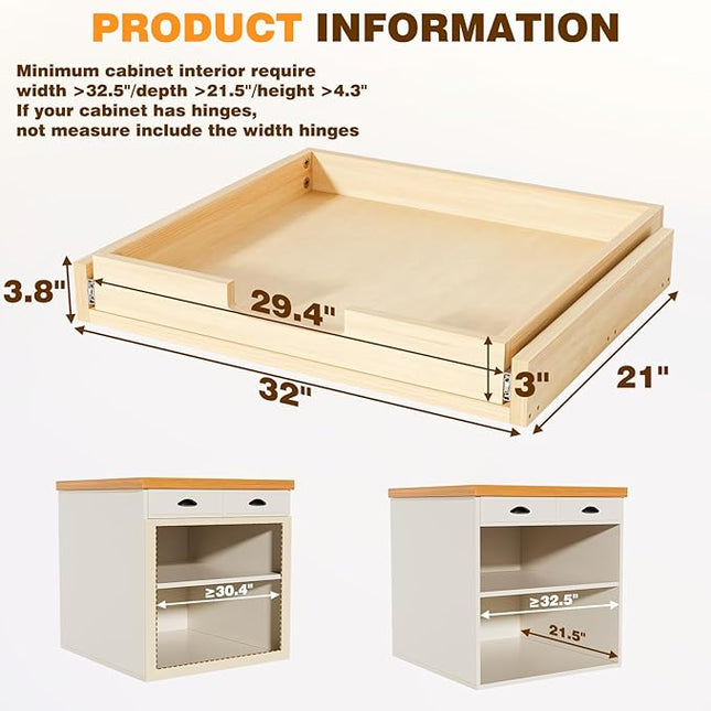Grehitk Pullout Cabinet Organizer, 32''W×21''D×3''H Slide Out Shelves for Kitchen Cabinets, Pull out Drawers for Kitchen Cabinets, Pantry, Bathroom, & Storage Organization