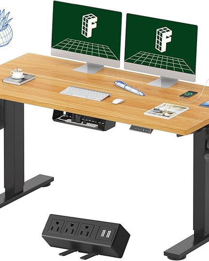 FLEXISPOT EN2 Whole-Piece Standing Desk with Clamp Power Strip, 55 x 28 Electric Stand Up Height Adjustable Desk with Cable Management (Black Frame + 55" Maple Top, 2 Packages)