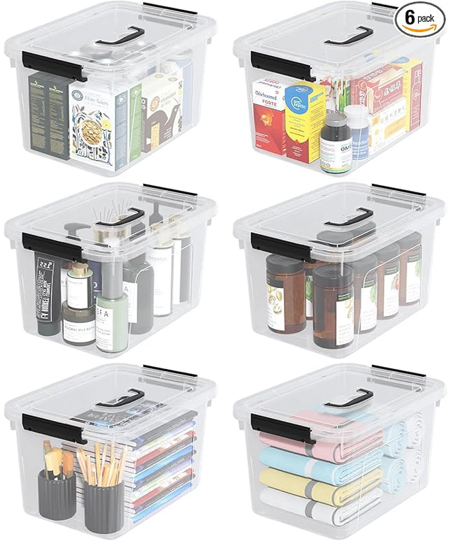10 Liters Clear Plastic Storage Boxes with Lids, Small Containers Bins with Lids and Handles Set of 6