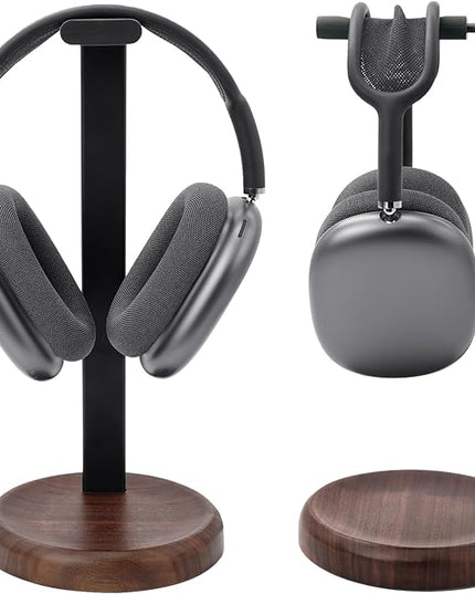 GEVO Headphone Stand for Desk - Walnut Wood & Aluminum Headset Stand, Universal Wooden Gaming Headphone Holder for AirPod Max, Bose, Sony, Razer, Jabra, JBL (Walnut Circular Base)
