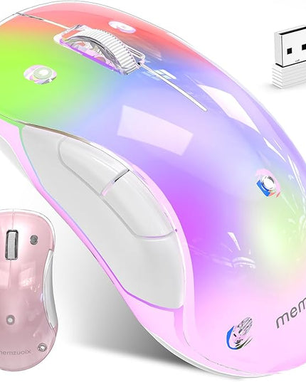 memzuoix 2.4G LED Wireless Mouse, Rechargeable Ergonomic Mouse with Detachable Cover, 1200 DPI Portable Optical Computer Mouse with USB Receiver for Laptop, PC, Desktop and MacBook, 5 Buttons-Pink