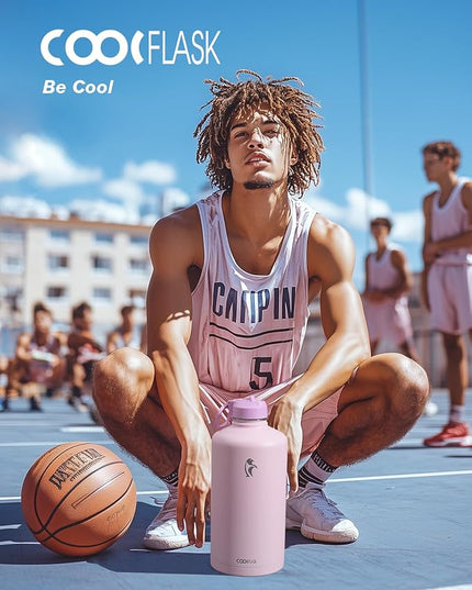 Coolflask 128 oz Gallon Water Bottle Insulated with Straw&3 Lids, Water Jug Large Stainless Steel Metal Vacuum Wide Mouth for Sports, Gym or Office, Non-BPA Keep Cold 48H Hot 24H, Pink