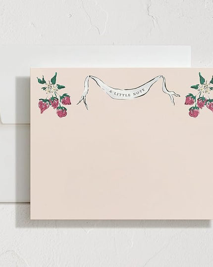 Minted Strawberry Queen Stationery Set, Set of 10, Flat Note Cards & Envelopes for Invitiations and Handwritten Thank You Messages, Strawberries & Vintage Banner, Gifts for Women, Luxurious Paper