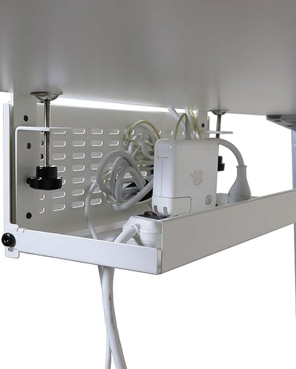 AEONS Universal Under Desk Cable Management Tray-Clamp Mount Hinged Swing Modesty Panel Organizer for Office Desks Easy Access Flip-Down position Power Strip Cord Storage No-Drill 25 lb Capacity White