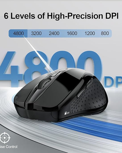 TECKNET Wireless Mouse (2.4G & BT5.0/3.0) Silent 4800 DPI Computer USB A & Bluetooth Mouse 6 Buttons, Wide Compatibility - Black
