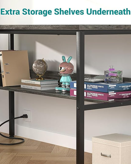 Reversible L Shaped Gaming Desk with Power Outlets and USB Charging Ports, Sturdy Computer Desk with Storage Shelf, Modern Corner Desk Home Office Table, Easy to Assemble, Gray Oak