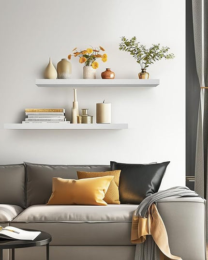BAYKA Floating Shelves for Wall, 36 inches Long Wall Mounted Rustic Wood Shelves for Bathroom, Bedroom, Living Room, Kitchen, Office, Hanging Shelf for Books/Storage/Decor(White,Set of 2)
