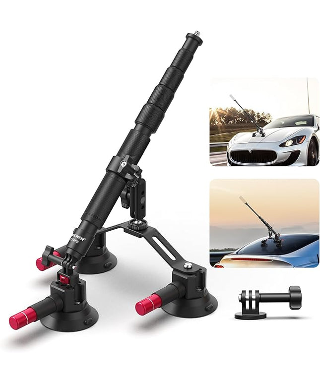 NEEWER Triple Suction Cup Car Mount Compatible with Insta360 X5 X4 GoPro DJI OSMO 360 Cameras, Quick Release Outside Windshield Magic Arm Mount Kit with 2 in 1 Extension Pole/Selfie Stick, CA065