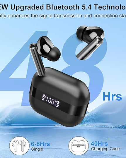 Wireless Earbuds, 2025 Bluetooth 5.4 Headphones Bass Stereo, Ear Buds with 4 Mics ENC Noise Cancelling, Bluetooth Earbuds 48H Playtime LED Display Charging Case, IP7 Waterproof in Ear Earphones Black