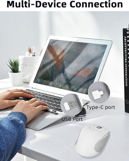 Wireless Mouse with Bluetooth, USB-A, USB-C Receiver, Rechargeable, Full Size Mouse, Silent, Portable, Ergonomic, for MacBook/Laptop/Computer/PC/iPad (White)