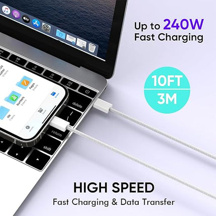 USB C to USB C,240W USBC Woven Charge Cable,10FT 2Pack Long USBC Cable Fast Charging Cord for Apple MacBook Pro/MacBook Air,iPad Pro/Air,iPad mini,iPhone 16e 16 15 ProMax Compatible 140W/100W/60W/45W