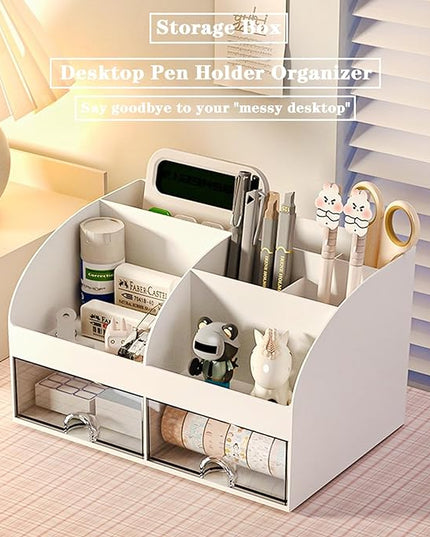 COMFYROOM Desk Organizer with 6 Compartments and 2 Drawers, Plastic Makeup Organizer, Pen Holder for Desktop Storage, Desk Organization for School, Home, Office Supplies (White)