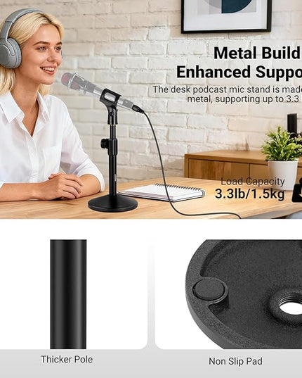 NEEWER Desk Microphone Stand, Adjustable Table Top Mic Holder Mount with Clip and 3/8" to 5/8" Adapter Compatible with Blue Yeti Snowball HyperX QuadCast SoloCast Shure, Max Load 3.3 lbs, MS015
