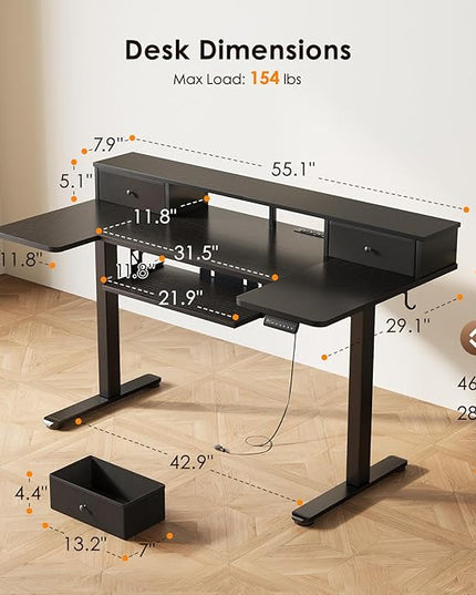OffiGo U Shaped Electric Standing Desk with Drawers, 55 Inch Height Adjustable Desk with Keyboard Tray ＆ Ergonomic Monitor Stand, Sit Stand Table with Power Outlets for Home, Office, Black