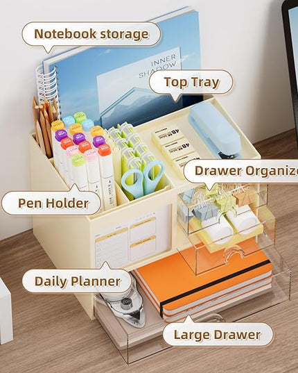 Marbrasse Desk Organizer with 3 Drawer, Multi-Functional Pencil Pen Holder for Desk, Desktop Organizer Storage for Office Home Art Supplies (Beige)