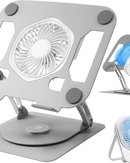 SHUWEI Laptop Cooling Stand with Detachable Desk Fan, Adjustable Height & Angle, 360 Rotating Base, Carbon Steel Framework, Ultra-Quiet & Super Sturdy for up to 16”Laptop-Sliver