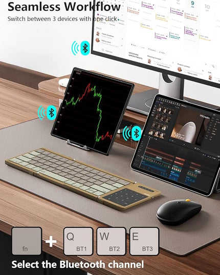 Nillkin Foldable Bluetooth Keyboard with Touchpad & Number Pad, Portable Bluetooth Keyboard with Full Size Keys, Pocket-Sized Wireless Travel Keyboards for iPad, Smartphone, Tablet and Laptop Khaki