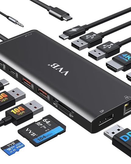 USB C Docking Station Dual Monitor for Dell/Lenovo/HP Laptop Docking Station HDMI USB C Hub Multiport Adapter Dongle Dock USB C to 2 HDMI +DisplayPort+Ethernet+4USB+2USB C+100W PD Charger+SD/TF+Audio
