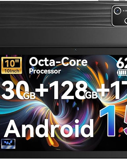 Tablet, 10 inch tablet Android 15 with Octa-core Processor, 30GB+128GB+1TB Expand, 6200mAh, 15W Fast Charge, 1280x800 HD IPS Screen, WiFi 6, BT 5.4, Dual Camera, Widevine L1 support, GMS Certified