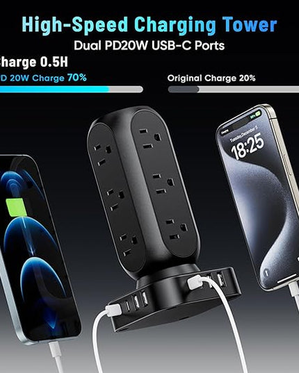 Flat Plug Power Strip Tower, TenTrend Dual PD 20W USB-C Surge Protector with 12 AC Outlets & 8 USB Ports (4 USB C), 40W Total Fast Charging Station, 10FT Extension Cord for Desk Office Dorm Room