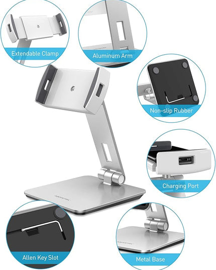 AboveTEK Business Kiosk Aluminum Tablet iPad Stand, 360° Swivel Tablet & Phone Holders for Any 4"-15.6" Display Tablets/Cell Phones/Portable Monitor, Sturdy for Store POS Office (Silver)