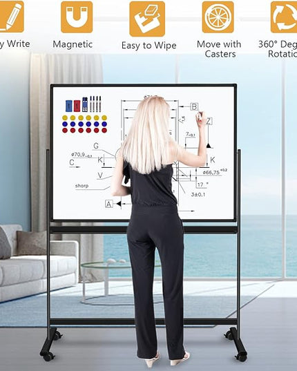 H-Qprobd 48"x36" Mobile Whiteboard Double-Sided Magnetic Dry Erase Board on Wheels - Comercial Rolling White Boards with Sturdy Stand for Home, Office & School