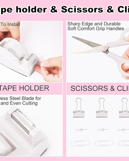 Desk Organizers and Accessories Set with 360-Degree Rotating Pen Holder, Tape Dispenser, Stapler, Staple Remover, 1000 Staples, Tape, Clips Set, Ruler, Scissor, Pen