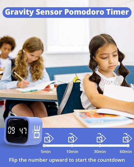 Productivity Timer Flip Gravity Sensor Cube Timer Countdown & Countup,Mute & Vibrate & Sound，5/10/30/60min & Custom Timing, Perfect for ADHD,Work,Learning,Kitchen Cooking (1Blue)