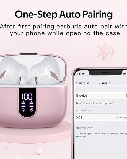 TAGRY 2 Sets X08 Pink and Black Bluetooth Headphones True Wireless Earbuds 60H Playback Ear Buds with Wireless Charging Case in-Ear Earbuds with Mic